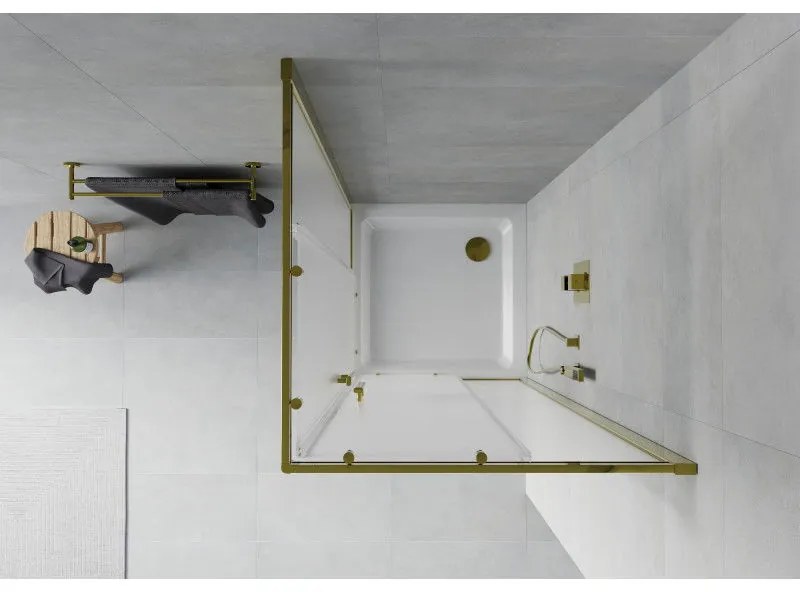 Mexen Rio, štvorcový sprchovací kút s posuvnými dverami 90(dvere) x 90(dvere) x 190 cm, 6mm sklo námraza, zlatý profil + biela sprchová vanička SLIM, 860-090-090-50-30-4010G