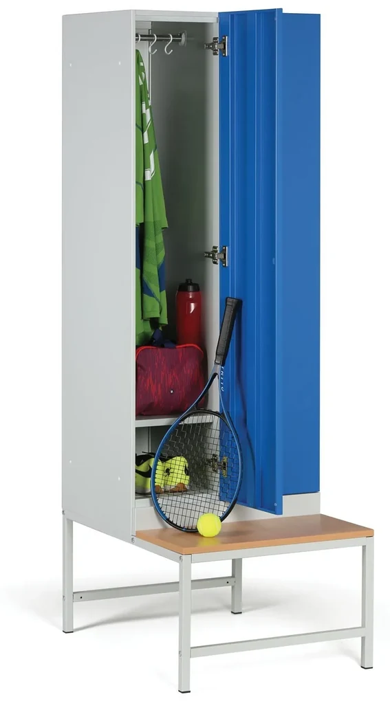 Šatníková skrinka s lavičkou, 2 oddiely, 1875 x 600 x 500/800 mm, zámok s čítačkou RFID kariet, zelené dvere