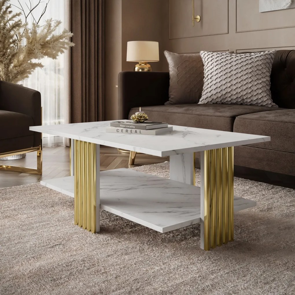 KONFERENČNÝ STOLÍK CHARLES BIELY MRAMOR + ZLATÝ