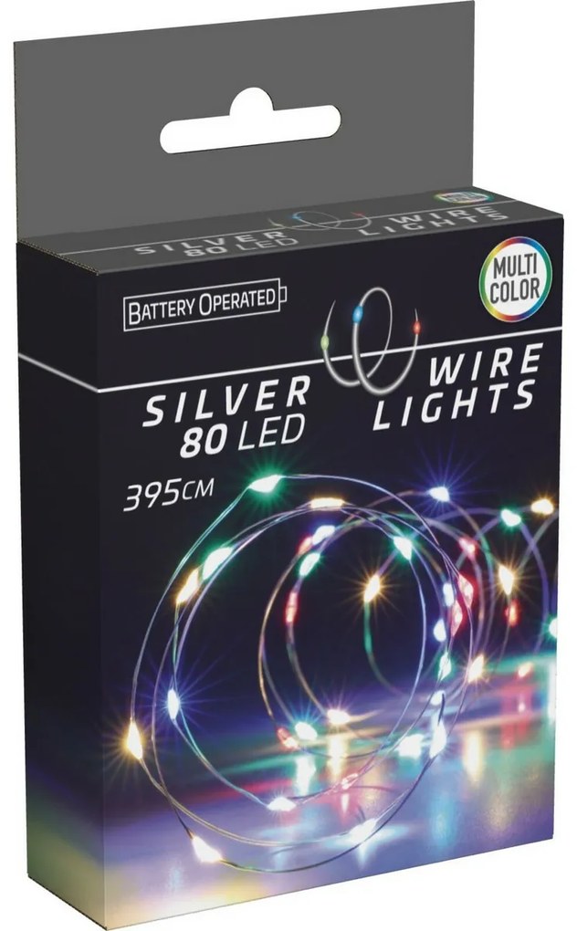 Svetelný drôt Silver, 4 m, 80 LED, farebná, na batérie