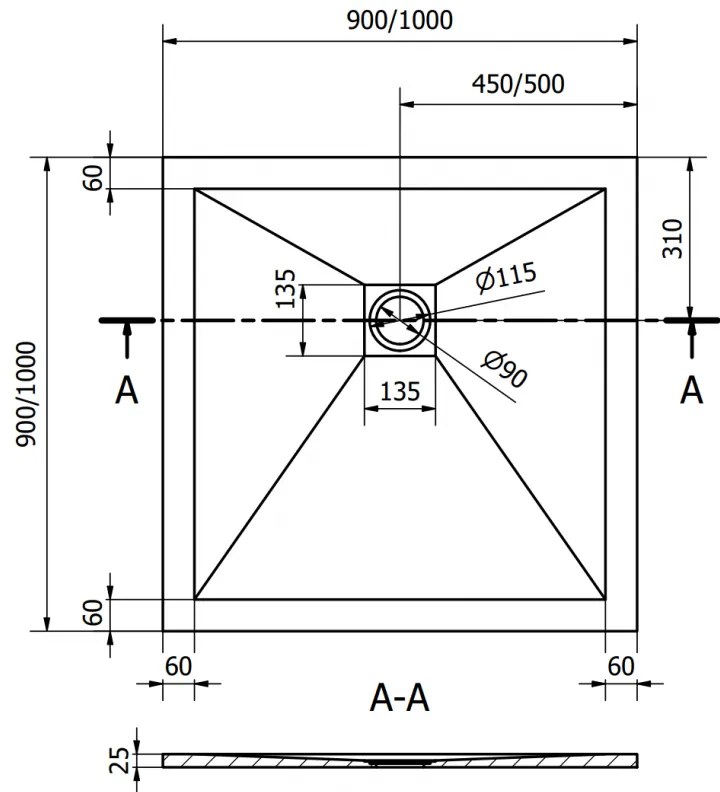 Mexen Stone+, štvorcová vanička z minerálneho kompozitu 100 x 100 cm, čierna, čierna krytka, 44701010-B