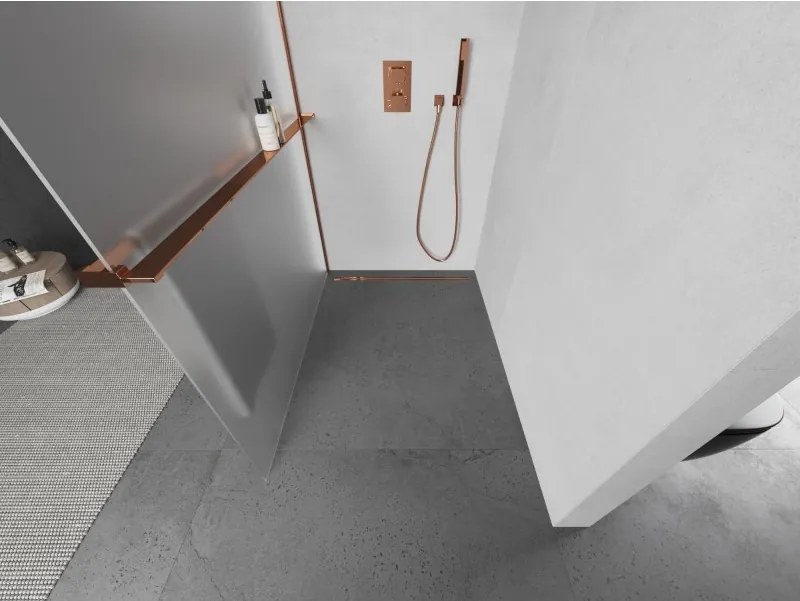 Mexen Kioto+ L, sprchová zástena Walk-In s poličkou a vešiakom 70 x 200 cm, 8mm sklo námraza, ružové zlato profil, 800-070-123-60-30