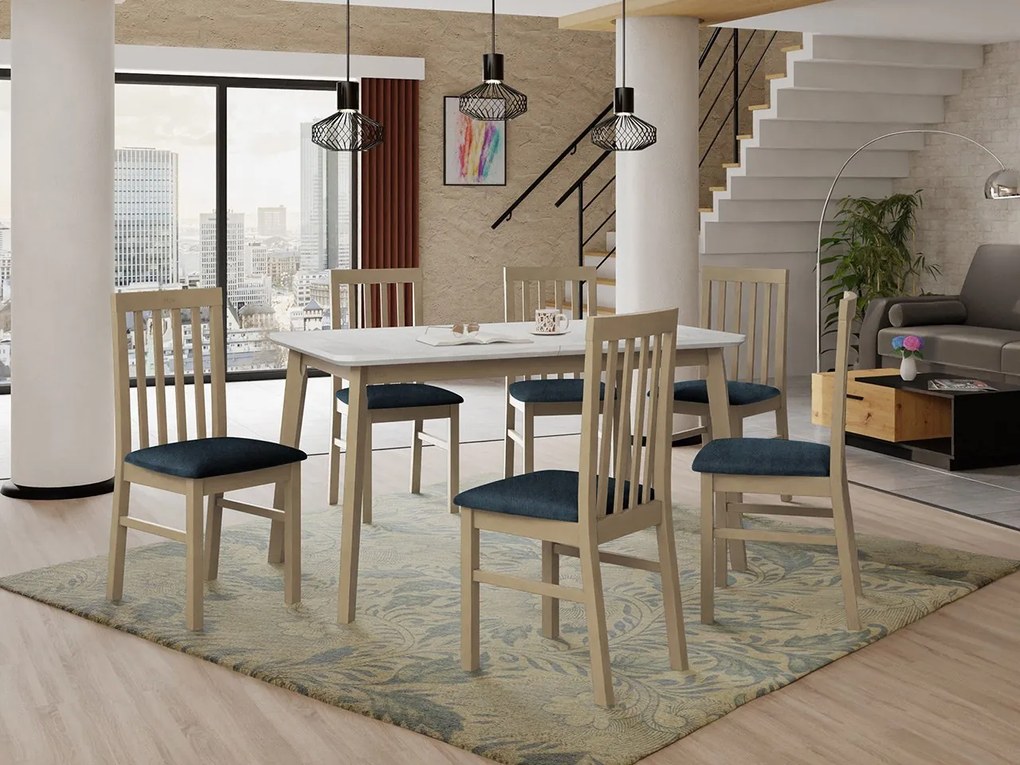 Rozkladací stôl so 6 stoličkami AL16, Morenie: biela, Poťahové látky: 26x - Kronos 22, Farby nožičiek: čierna