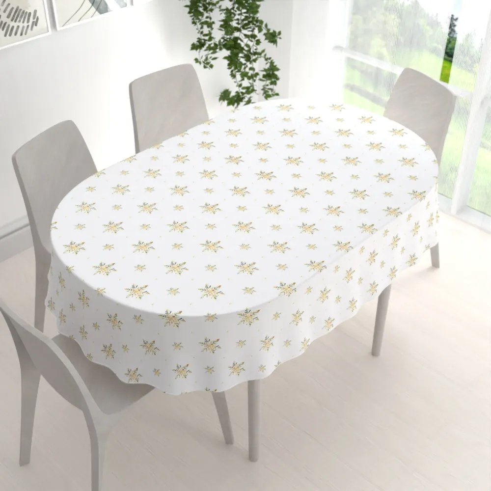 Biante Teflónový oválny obrus TF-120 Zlato-modro-zelené vianočné vločky na bielom 80x120 cm