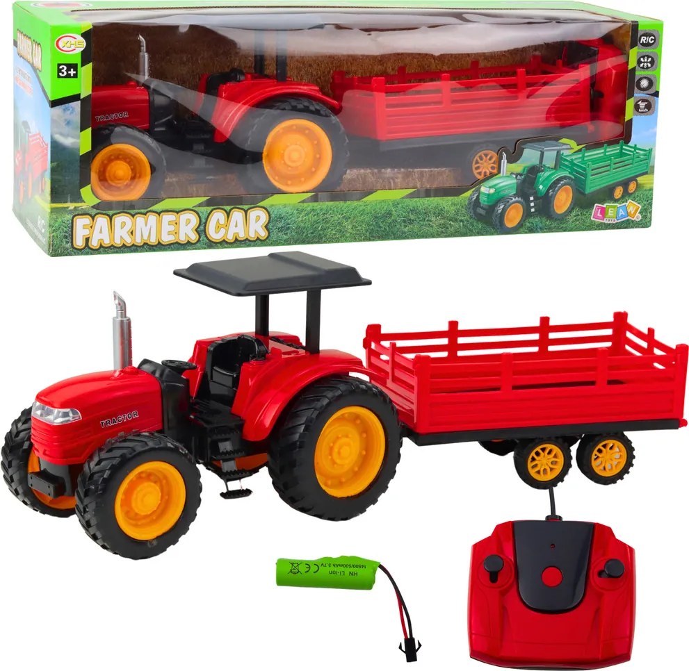 LEAN Toys Poľnohospodársky traktor s prívesom, diaľkovo ovládaný RC, červený