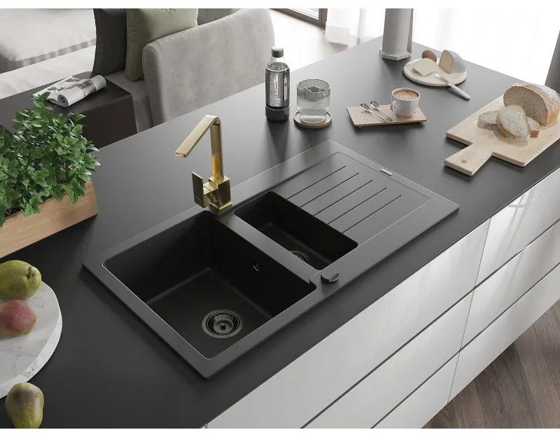 Mexen Matias, granitový drez 900x505x200 mm, 1,5-komorový a zlatá batéria Rita, čierna, 6502-77-670300-50-B