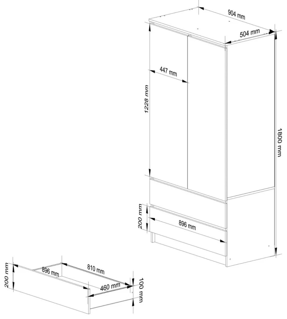 Šatníková skriňa SAP 90 cm so zásuvkami a zrkadlami biela/grafit