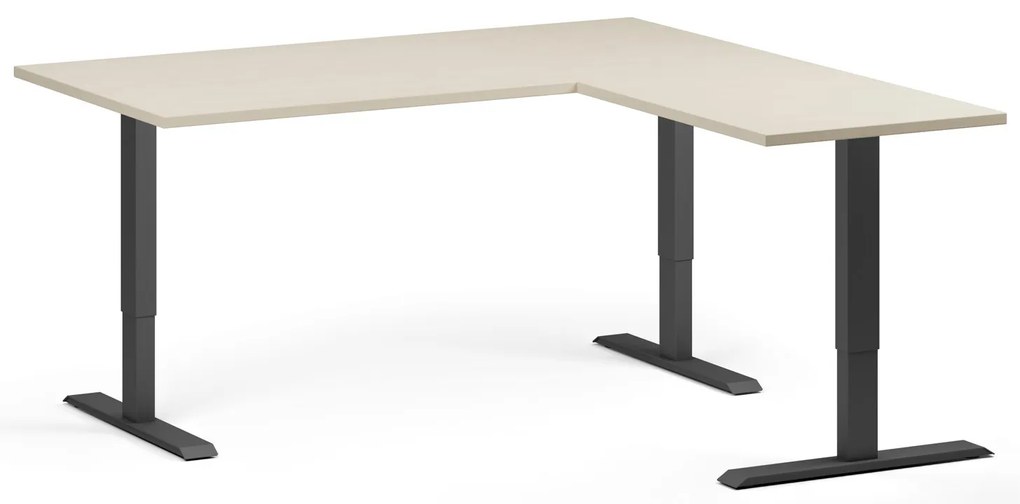 Výškovo nastaviteľný stôl, 160x160 cm, 3 motory, L/P, čierna podnož, breza