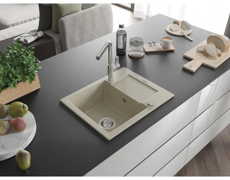 Mexen Enzo, 1-komorový granitový drez 576x465x174 mm a drezová batéria Flora, béžová, 6506-69-670401-00