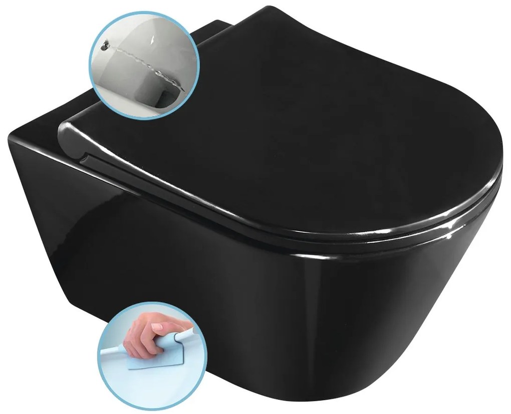Sapho, AVVA závesná WC misa s bidet. spŕškou, Rimless, 35,5x53 cm, čierna lesklá, 100312-108