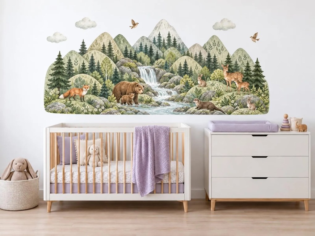 Horské údolie s vodopádom akvarelové nálepky ochrana steny za posteľ arch 46 x 21 cm