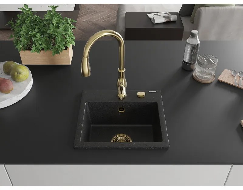 Mexen Milo, 1-komorový granitový drez 435x410x171 mm a drezová batéria Savita, čierna-strieborná metalíza, 6505-73-672601-50