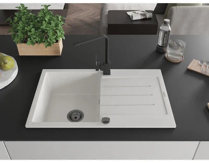 Mexen Bruno, drez granitový 795x495x200 mm, 1-komorový, biela s čiernym sifónom a čierna drezová batéria Rita, 6513-20-670300-70