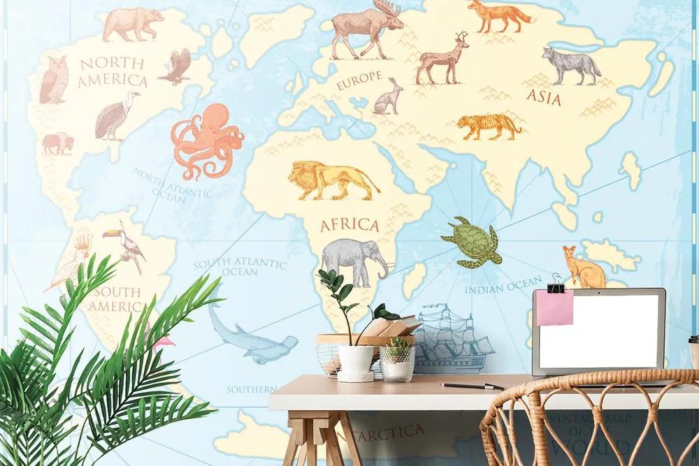 Samolepiaca tapeta kreslená mapa sveta s zvieratami