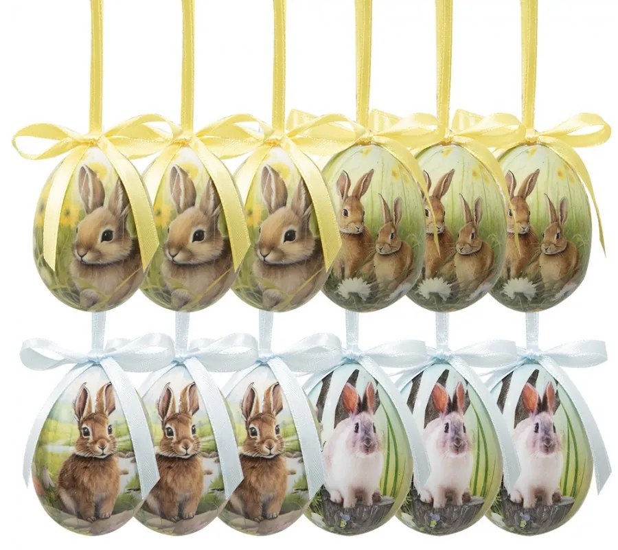 12ks dekorácia závesné vajíčko s zajačikmi Spring Egg - Ø 4*5 cm