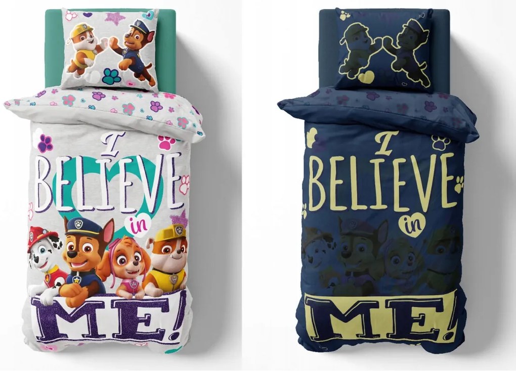 Svietiace obliečky PAW PATROL Believe me sivá Rozmer obliečky: 70 x 80 cm | 140 x 200 cm