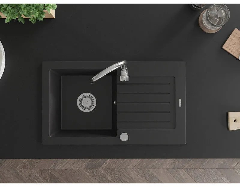 Mexen Pablo, 1-komorový granitový drez s odkvapkávačom 75x44 cm a kuchynskou batériou Telma, čierna, 6510-77-670200-00