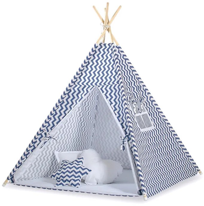 Bobono Stan Teepee pre deti + ozdobné perie - Chevron námornícka modrá