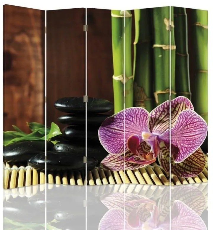 Ozdobný paraván Zen Orchid Bamboo - 180x170 cm, päťdielny, obojstranný paraván 360°