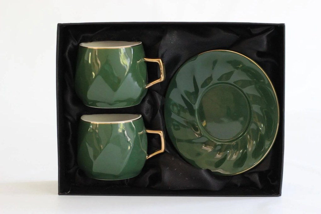 Zeleno zlaté porcelánové šálky s podšálkou 2ks