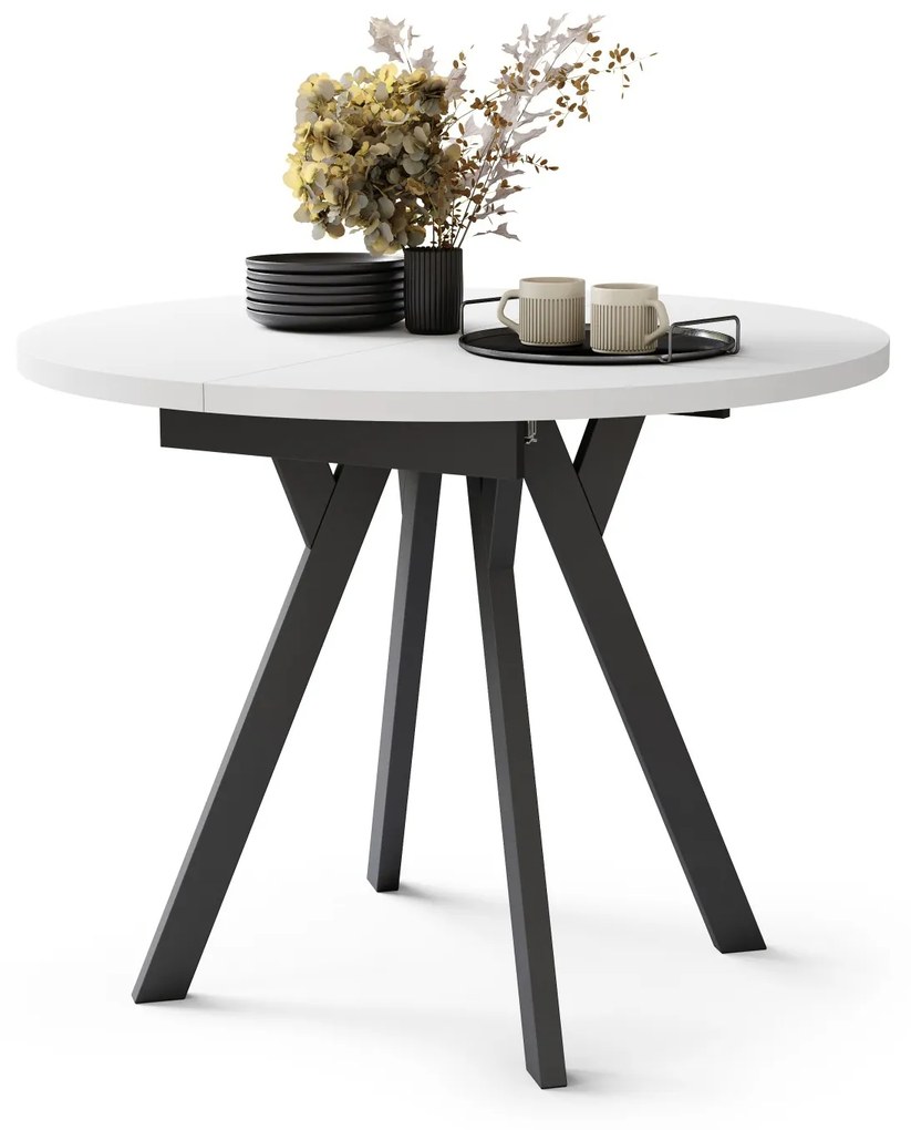ALMO Matné biele/čierne nohy - OKRÚHLY LOFTOVÝ/INDUSTRIÁLNY ROZKLADACÍ STÔL DO OBÝVAČKY/JEDÁLNE