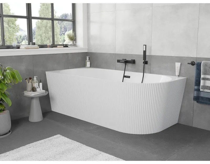 Mexen Silo, rohová voľne stojaca ryhovaná vaňa, ľavá, 170 x 80 cm, biela lesklá, čierny matný prepad, 52891708000L-70