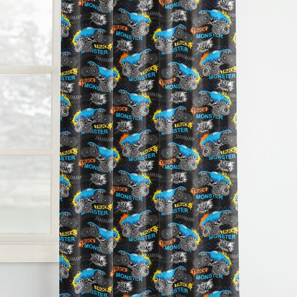 Goldea detský bavlnený záves - monster trucky na čiernom 160x150 cm