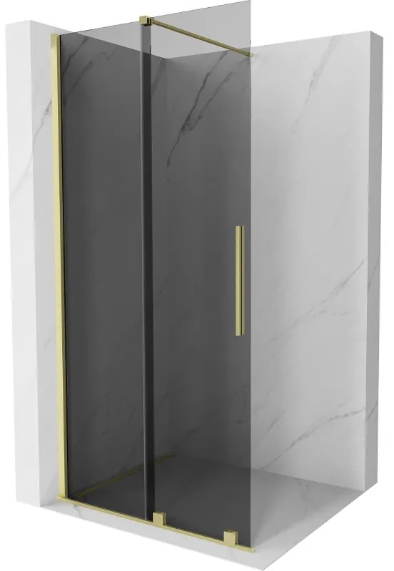 Mexen Velar, sprchová zástena s posuvnými dverami Walk-in 85 x 200 cm, 8mm šedé sklo, zlatá matná, 871-085-000-43-55