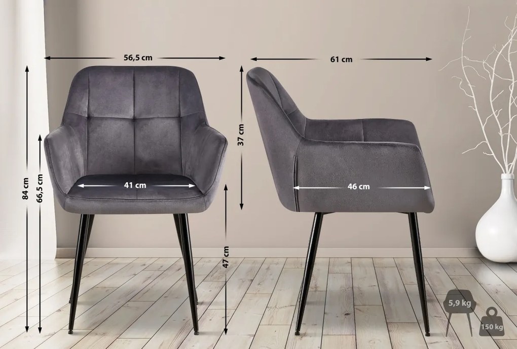Jedálenská stolička Emia (SET 2 ks) - zamat, kovové nohy čierne - Sivá