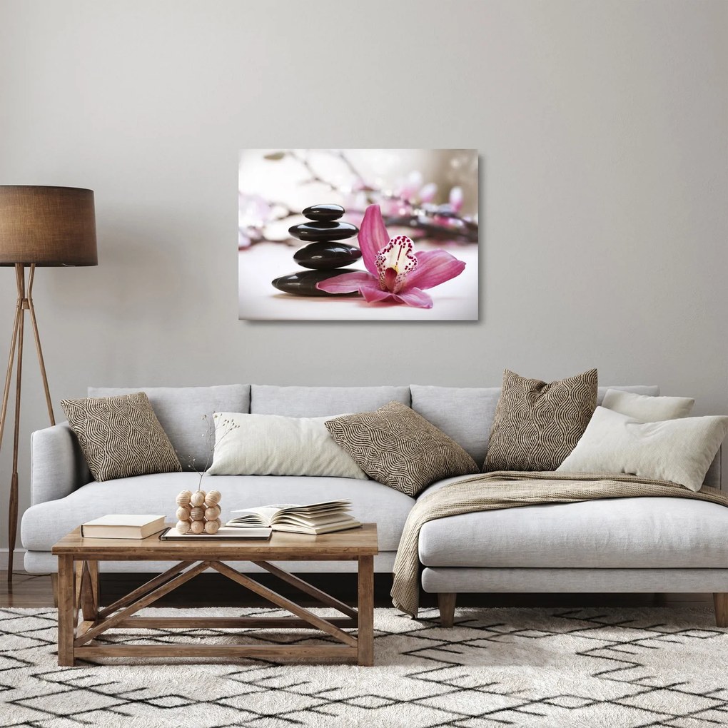 Sklenený obraz masážnych kameňov a orchidey na vode (70x50 cm)