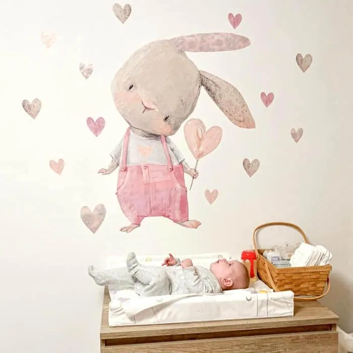 Nálepky na stenu pre dievča - Ružový zajac so srdiečkom