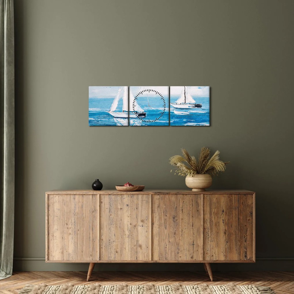 Obraz - Maľba jachty na mori (s hodinami) (90x30 cm)