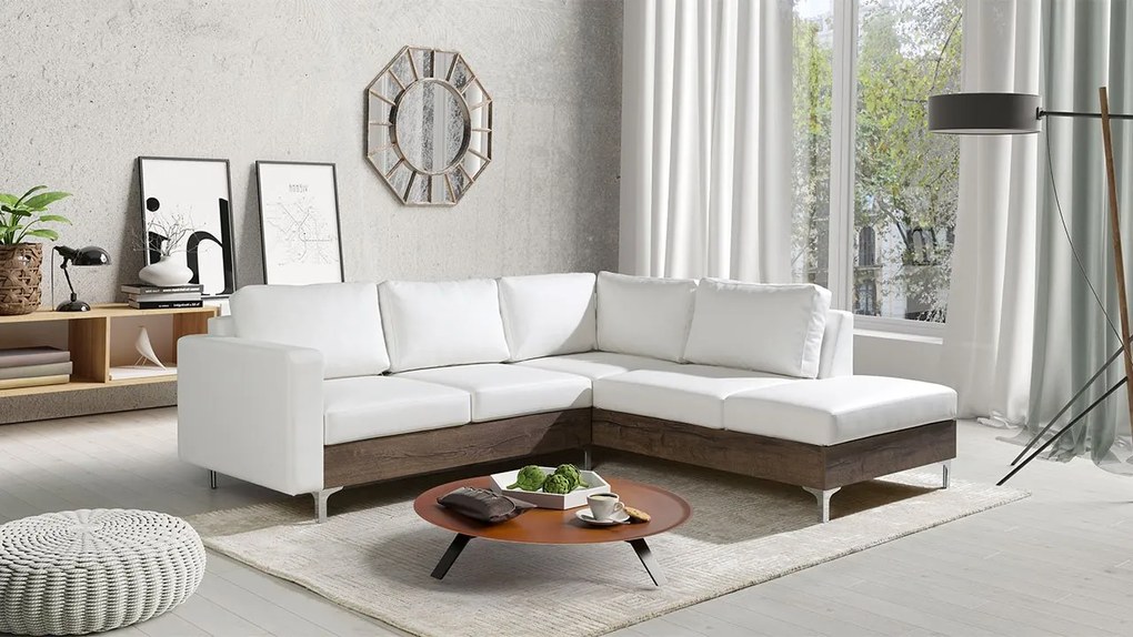 Rohová pohovka Hermes Wood, Farby: ekokoža Soft 011 (čierna), Farby nožičiek: dub monastery, Strana: ľavá