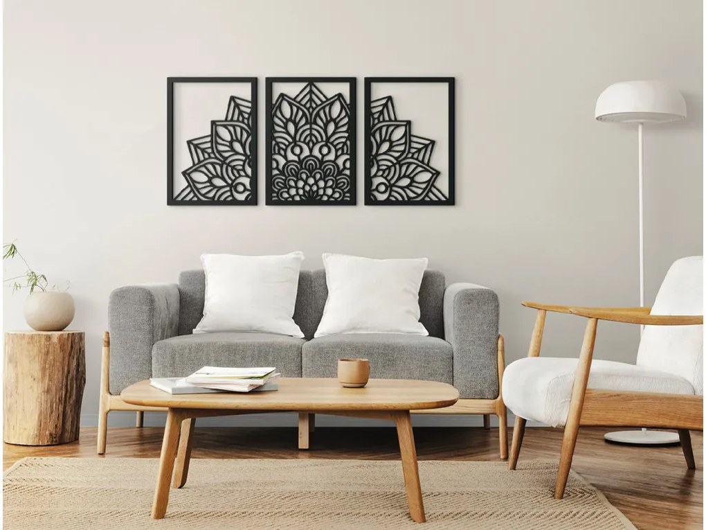drevko Viacdielna mandala na stenu Kvet Rozmer obrazu: 29,5 x 65 cm, Farba dekorácie: Čierna