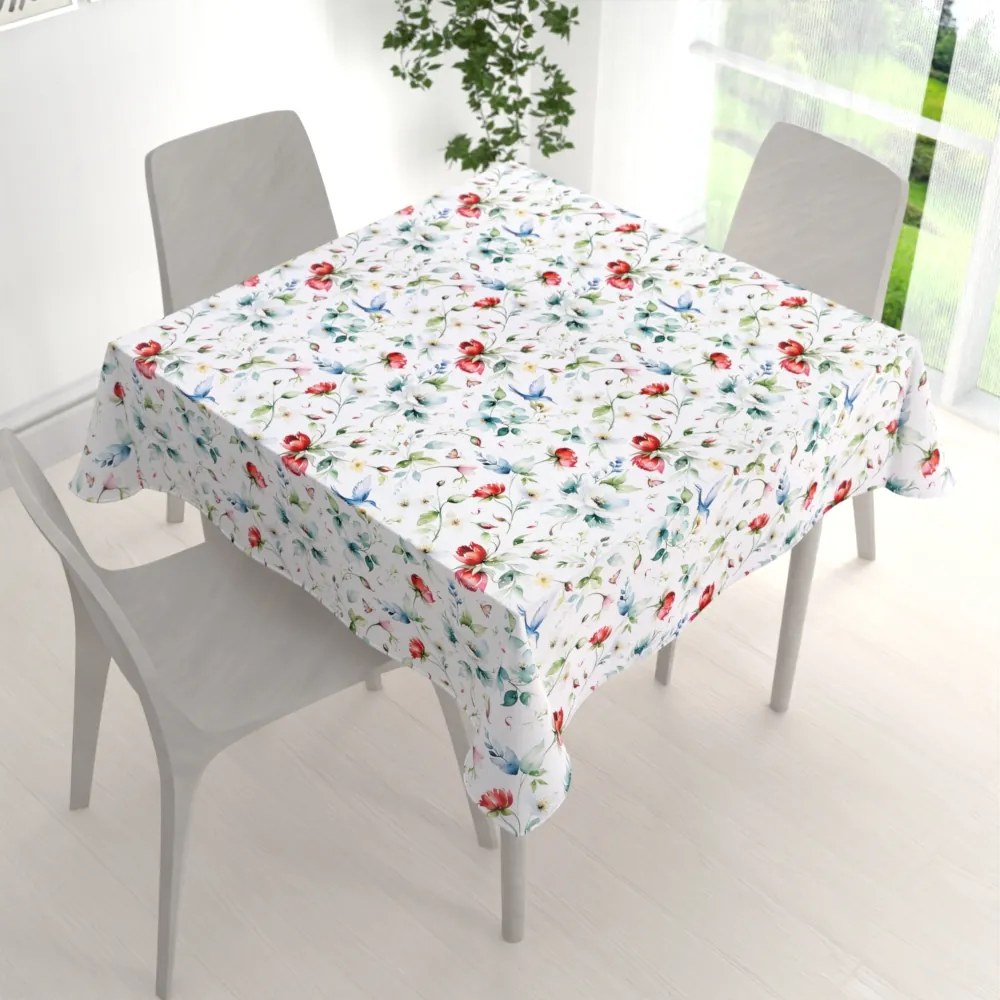 Biante Teflónový štvorcový obrus TF-116 Akvarelové kvety s kolibríkmi na bielom 80x80 cm