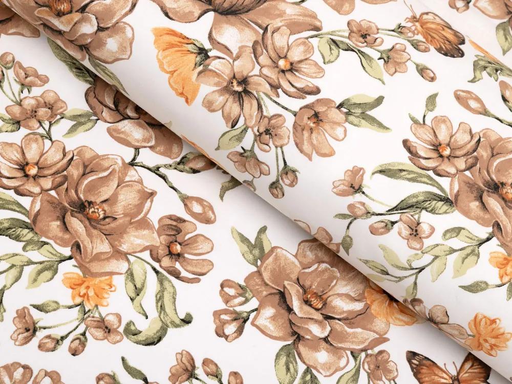 Biante Detské bavlnené posteľné obliečky do postieľky Sandra SA-458 Hnedé kvety magnólie s motýlikmi na bielom Do postieľky 90x120 a 40x60 cm