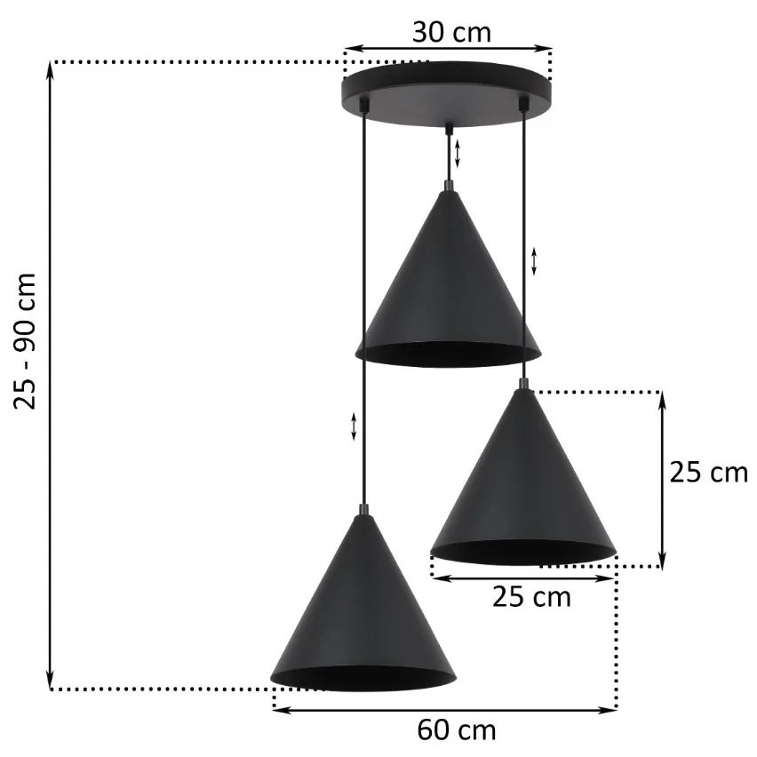 Závesné svietidlo Soho, 3x čierne kovové tienidlo, (fi 25cm), o