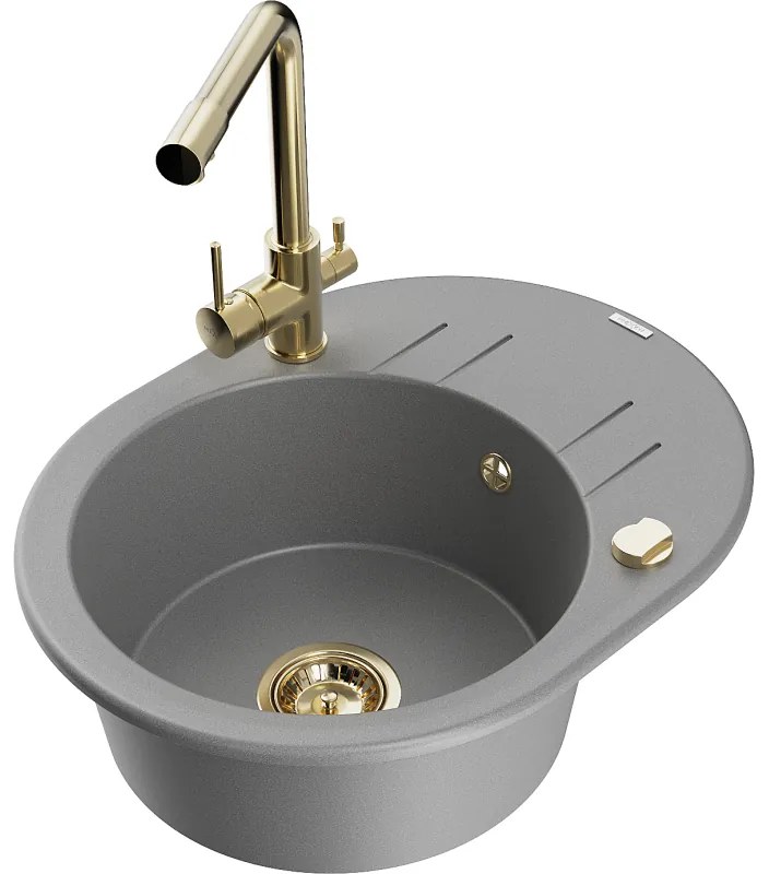 Mexen Kevin, drez granitový 586x458x190 mm, 1-komorový a zlatá Duero batéria, šedá, 6517-71-671600-50