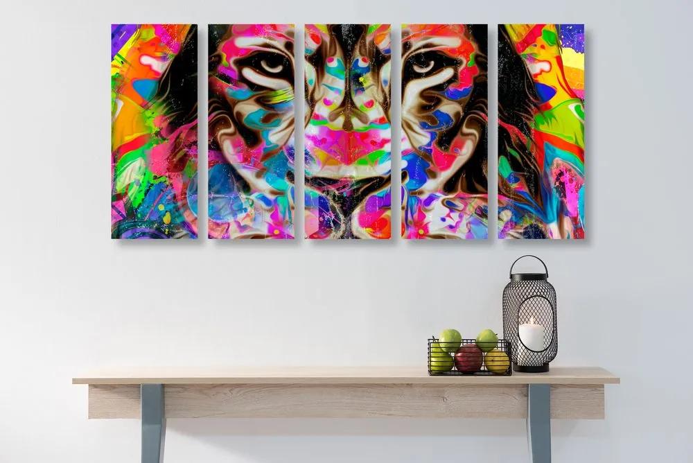 5-dielny obraz lev v pestrofarebných farbách