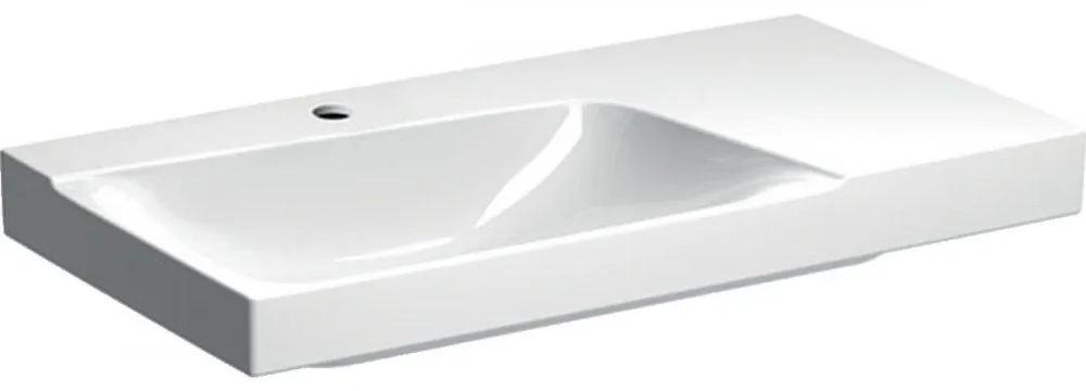 GEBERIT Xeno2 asymetrické závesné umývadlo s otvorom, odkladacia plocha vpravo, bez prepadu, 900 x 480 mm, biela, s povrchom KeraTect, 500.533.01.1
