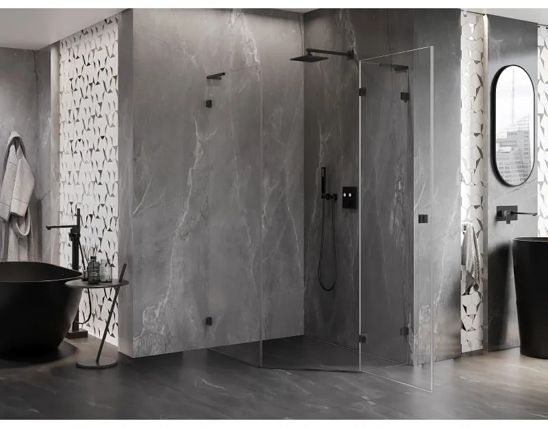 Mexen Lunar, L pravý výklopný päťuholníkový sprchový kút 80 x 90 cm, 8mm číre sklo, čierny profil, 831L-080P-090L-70-00-P
