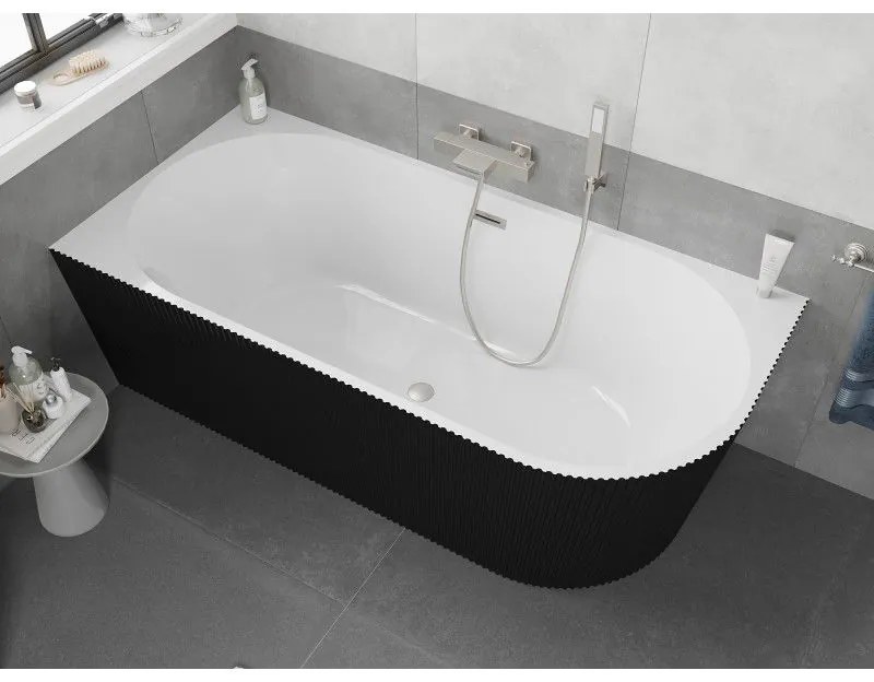 Mexen Silo, rohová voľne stojaca ryhovaná vaňa, ľavá, 170 x 80 cm, biela-čierna, oceľový prepad, 52891708075L-97