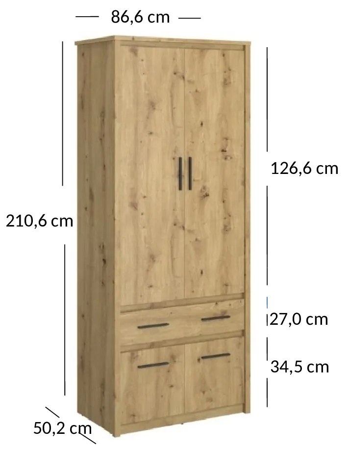 Šatníková skriňa Andra 4D1S/40 (dub artisan). Vlastná spoľahlivá doprava až k Vám domov. 1052752