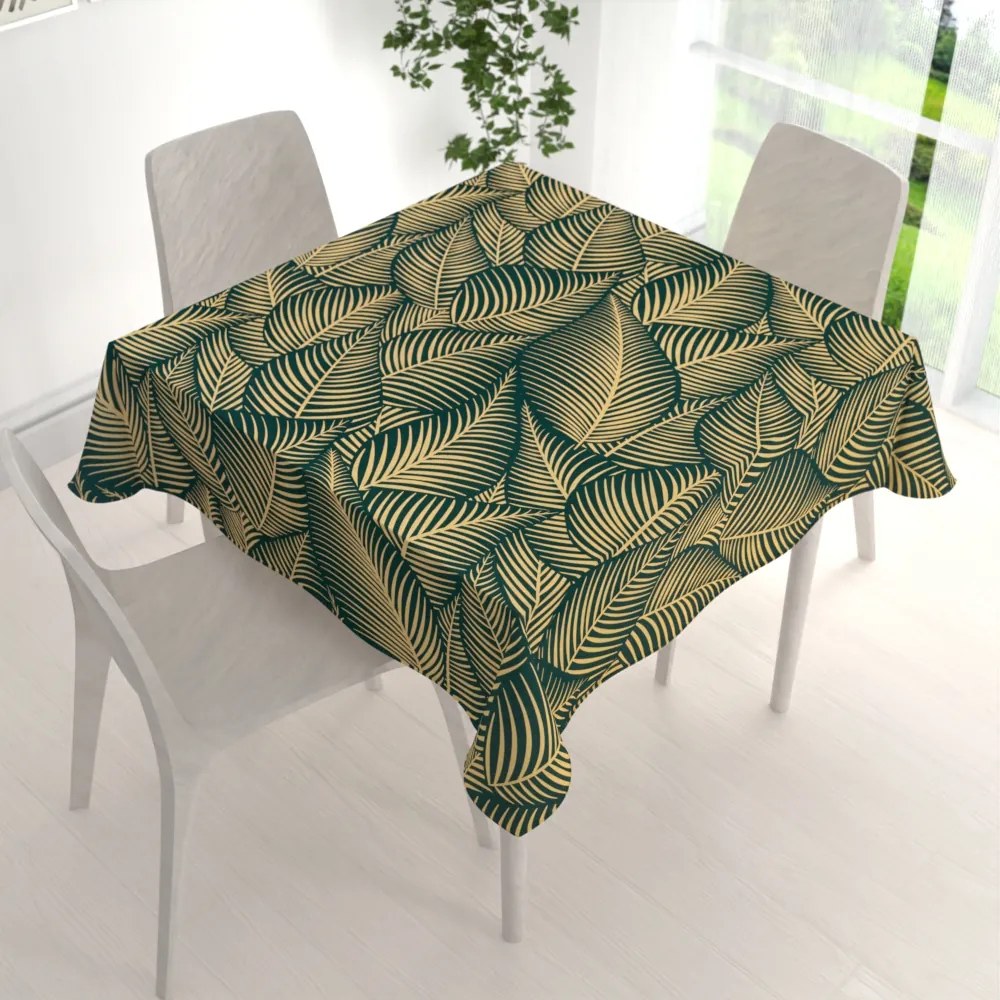 Biante Bavlnený štvorcový obrus Sandra SA-569 Veľké béžové listy na zelenom 130x130 cm