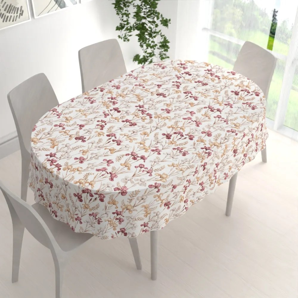 Biante Bavlnený oválny obrus Sandra SA-636 Vínovo-béžové kosatce na bielom 50x100 cm