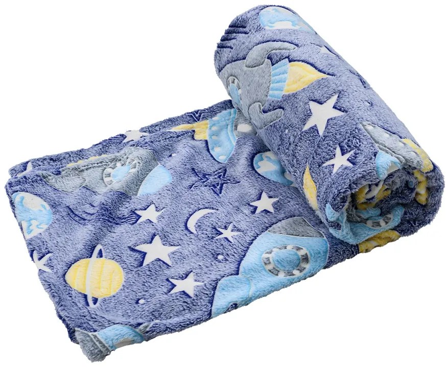 Svietiaca deka mikroflanel KOMETY A RAKETY 150x200 cm modrosivá