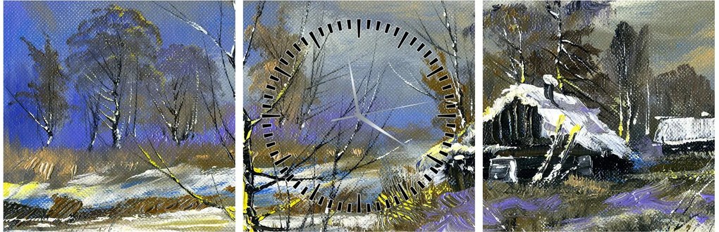 Obraz chalúpky v zimnej krajine, olejomaľba (s hodinami) (90x30 cm)