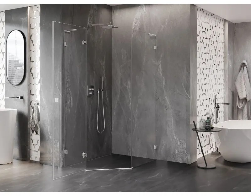 Mexen Lunar, L päťuholníkový sprchový kút naklápací doľava 80 x 90 cm, 8mm číre sklo, chrómový profil, 831L-080L-090P-01-00-L