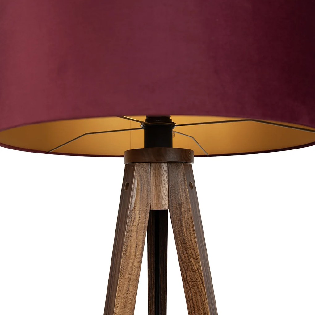 Stojacia lampa orechové drevo trojnožka s červeným tienidlom a zlatým interiérom 50cm - Tripod Classic