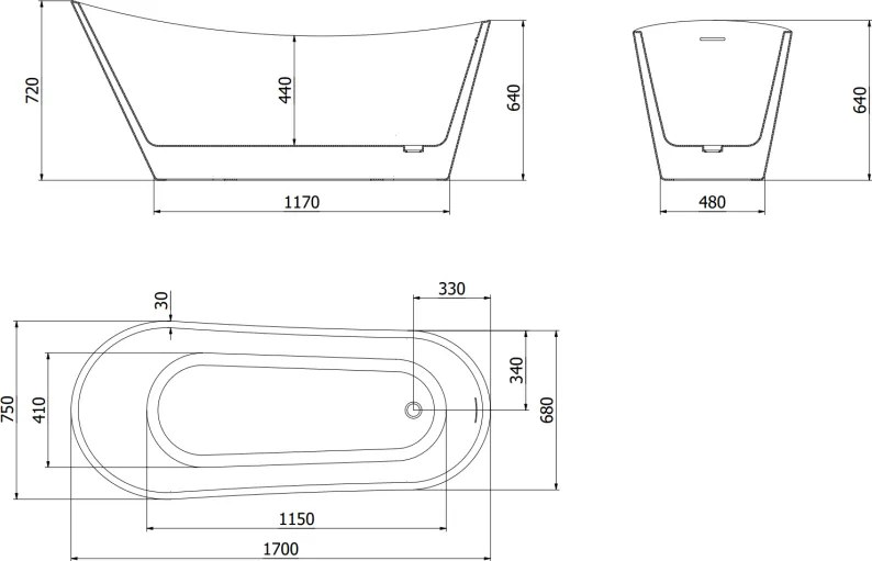 Mexen Alta, voľne stojaca vaňa 170 x 75 cm, biela, biely prepad, 52141707500-20
